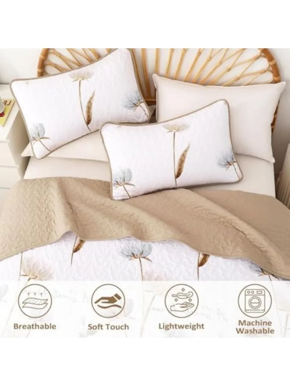 Floral Queen Quilt Bedding Set in Khaki with 2 Pillowcases - Cozy Bedspread